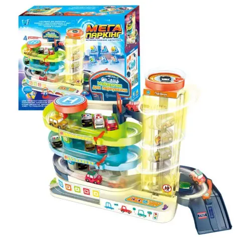 Автотрек Мега паркінг WToys українською автоматичний підіймач 4 машинки 92629