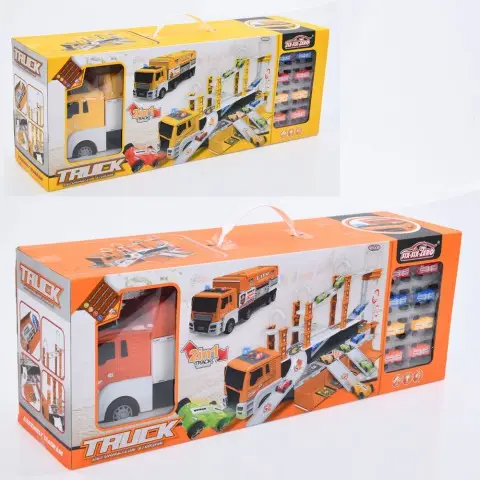 Гараж трейлер, 42 см, інерційний, гараж/трек 50x38x31 см, звук, світло, машинки 8 шт. 4.5 см, 58.5x22x15 см