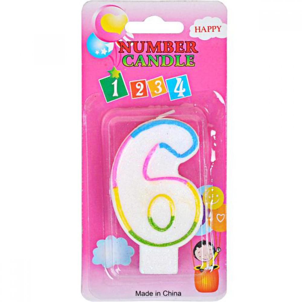 Свечка-цифра цветная 10-115 с блёсками "6"