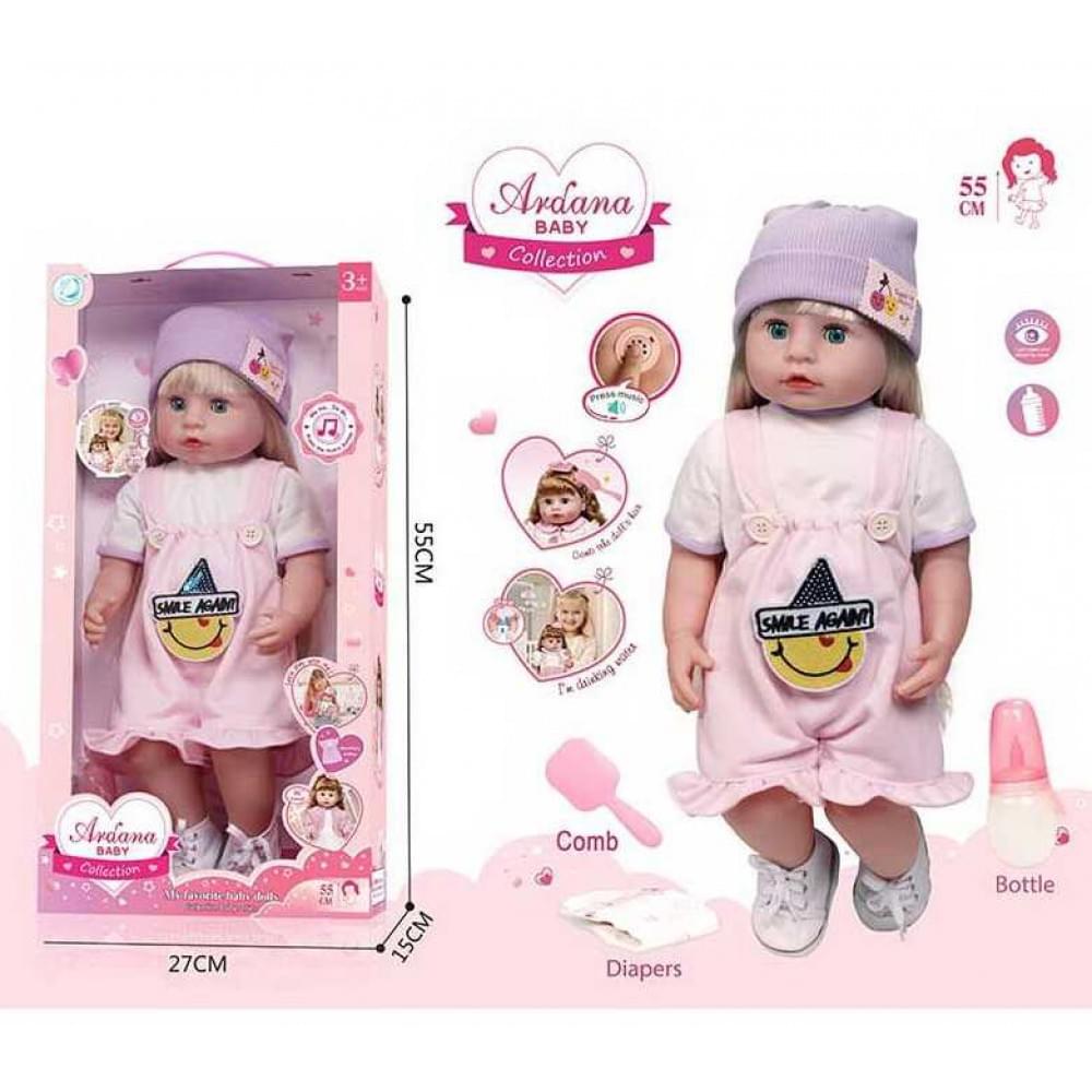 Лялька гумова, висота 52 см, заплющує очі, функціональна, прошите волосся, рухомі кінцівки, пляшечка, памперс, ходить на горщик, щітка для волосся, взуття, в кор. /12-2/