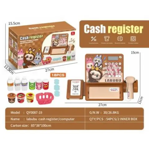 Касовий апарат Labubu, 26x12x15 см, калькулятор, сканер, звук, продукти, гроші, на батарейках, 27x15.5x11.5 см