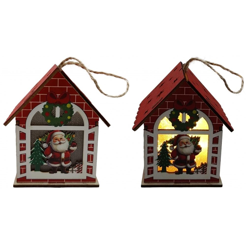 Підвіска новорічна дерев'яна світиться "Будиночок об'ємний -Д.Мороз," 9*7см 2в.(10*24)