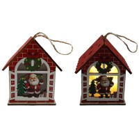 Підвіска новорічна дерев’яна світиться Будиночок об’ємний Дід Мороз 9×7 см (в асортименті) 20432