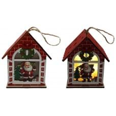 Підвіска новорічна дерев'яна світиться "Будиночок об'ємний -Д.Мороз," 9*7см 2в.(10*24)