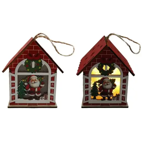 Підвіска новорічна дерев’яна світиться Будиночок об’ємний Дід Мороз 9×7 см (в асортименті) 20432