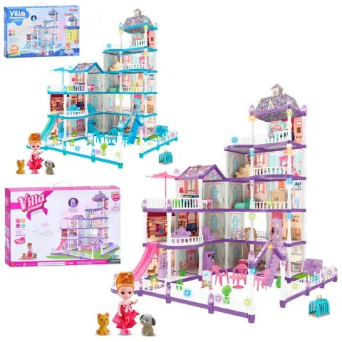 Будиночок 5 поверхів, світло, меблі, лялька 11 см, тварини, 340 деталей, 48x32x10 см (В асортименті)