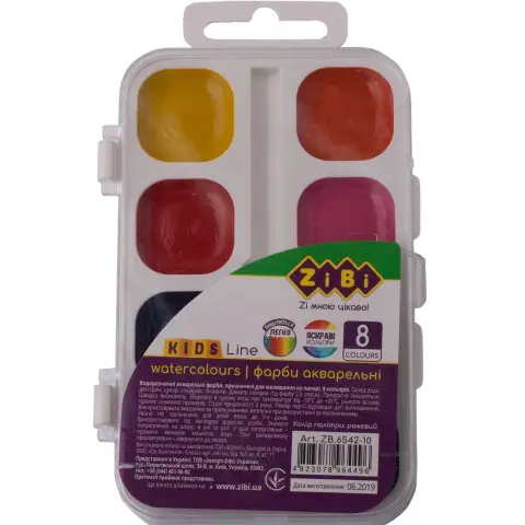 Фарби акварельні, 8 кольорів, пластикова коробка, без пензля, біла