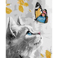 Набір для розпису по номерах Мрійливе кошеня з фарбами металік extra, Ideyka, 40x50 см, КНО6680