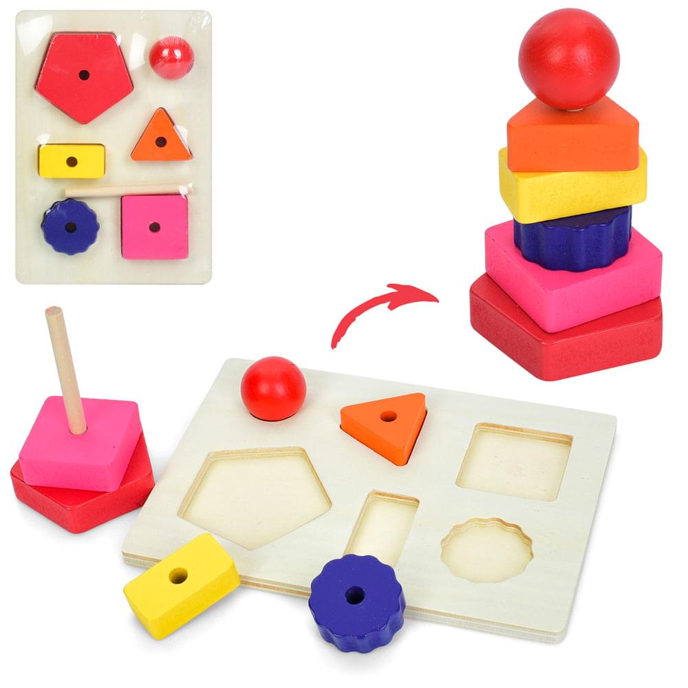 Дерев'яна іграшка Пiрамiдка 2в1(рамка-вкладиш), ігрове поле 18-13см, фігури 6шт, у п/е 18-13-2см /40/