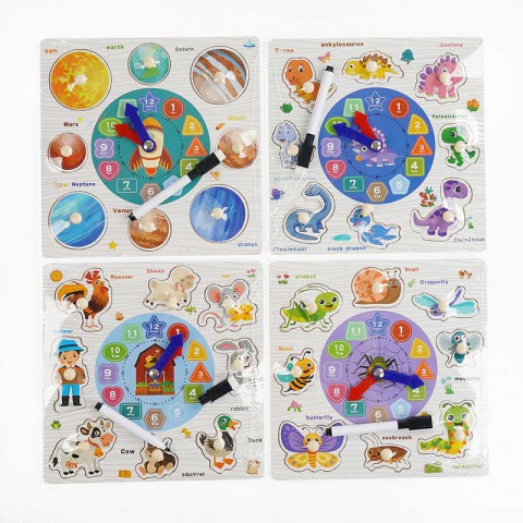 Вкладиші дерев’яні, годинник, дошка для малювання, маркер пиши-стирай (В асортименті)