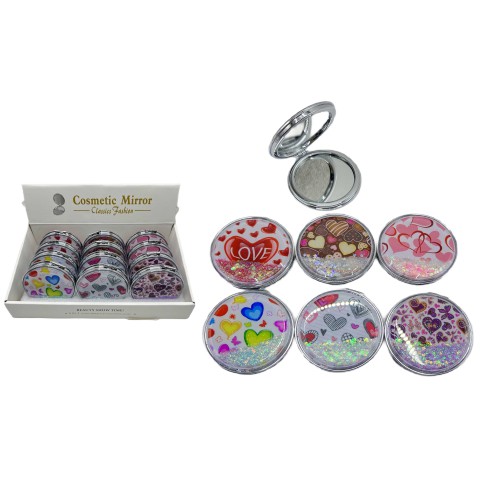 Дзеркало кишенькове косметичне Серця з блискітками кругле (В асортименті)