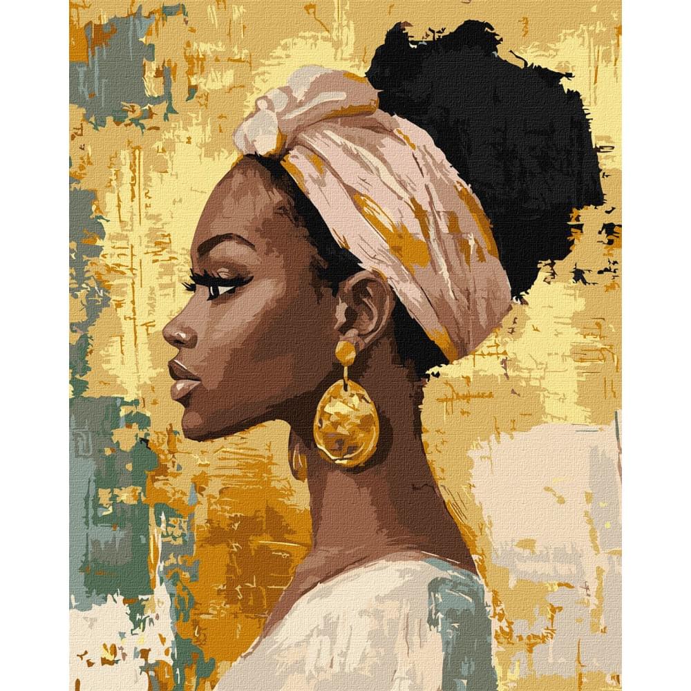 Набір для розпису по номерах "Красуня з золотими сережками з фарбами металік extra" Ideyka 40х50см КНО8686