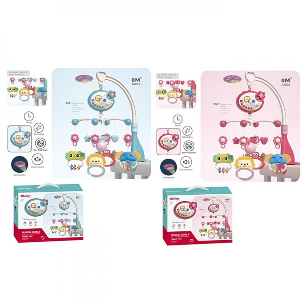 Карусель на кроватку підвіски 9шт, брязкальце, музика, проектор, 2 кольори, на бат-ці, в кор-ці, 32-24,5-9см /18/