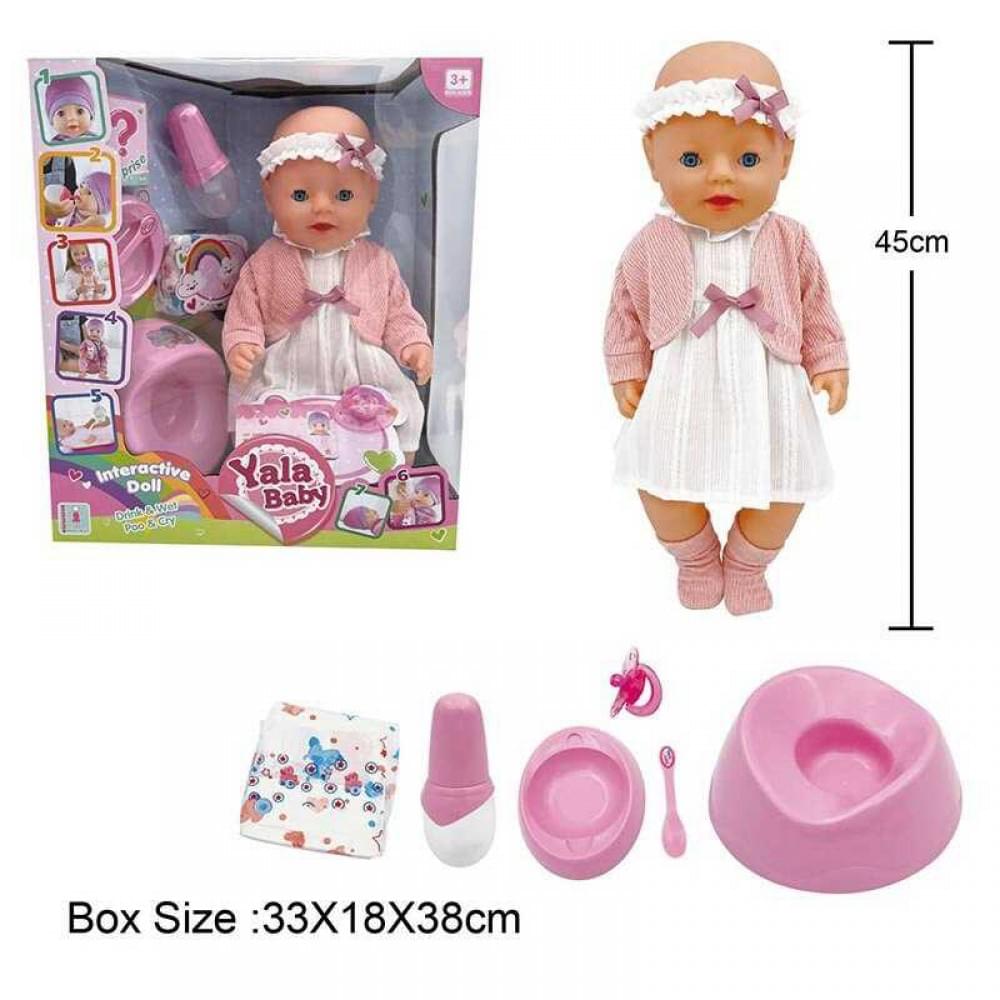Пупс п'є з пляшечки, ходить на горщик, заплющує очі, плаче сльозами, аксесуари, висота 45 см, в кор.