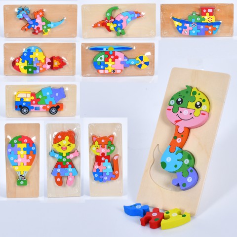 Дерев’яна іграшка Пазли (тварини, транспорт, динозаври, фігурки), 10x22x1 см (В асортименті)