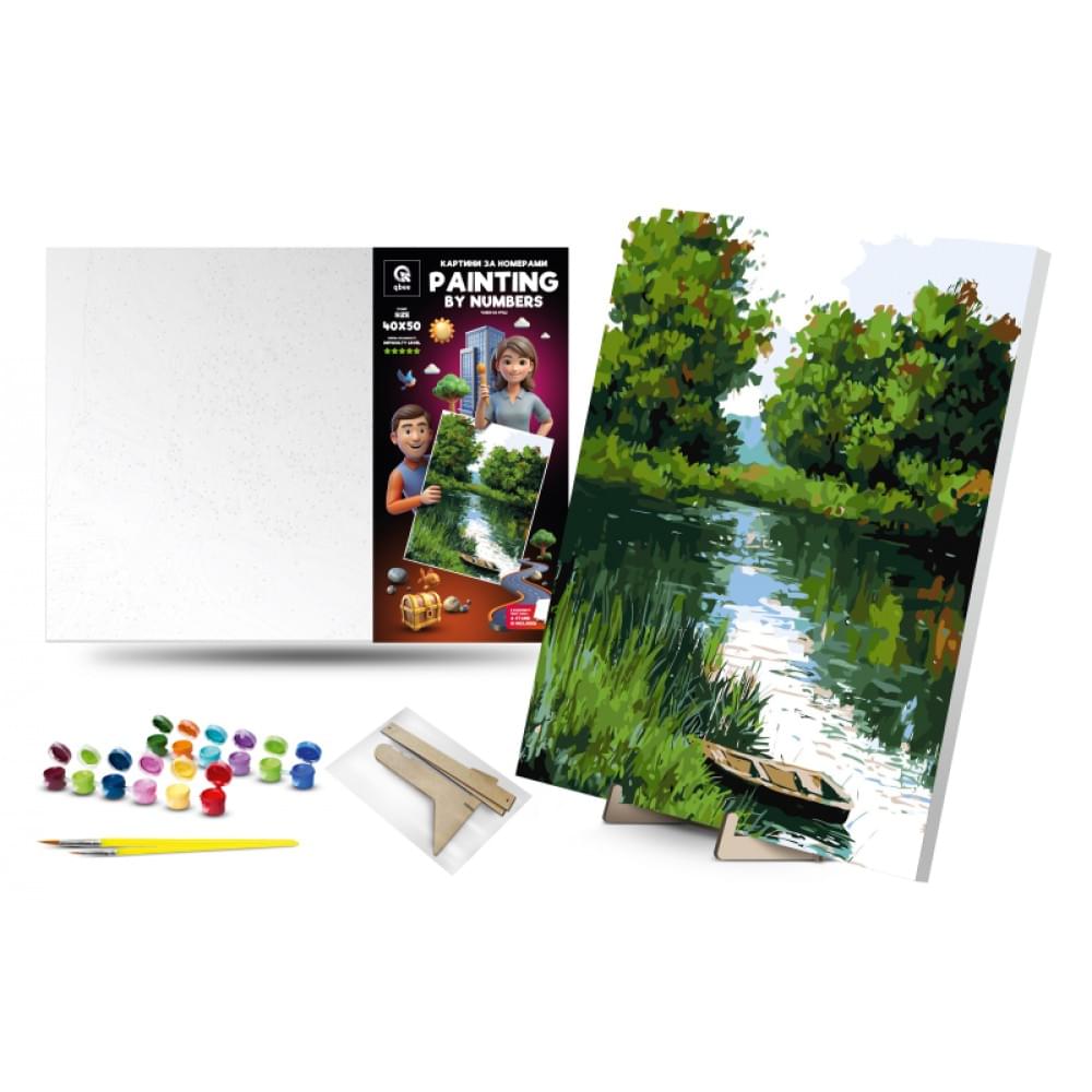 Набір для розпису по номерах Qbee "Човен на річці" з дерев'яною підставкою 40х50см QB900-045