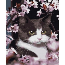 Картина за номерами  котик у квітах strateg розміром 40х50 см (hh005)