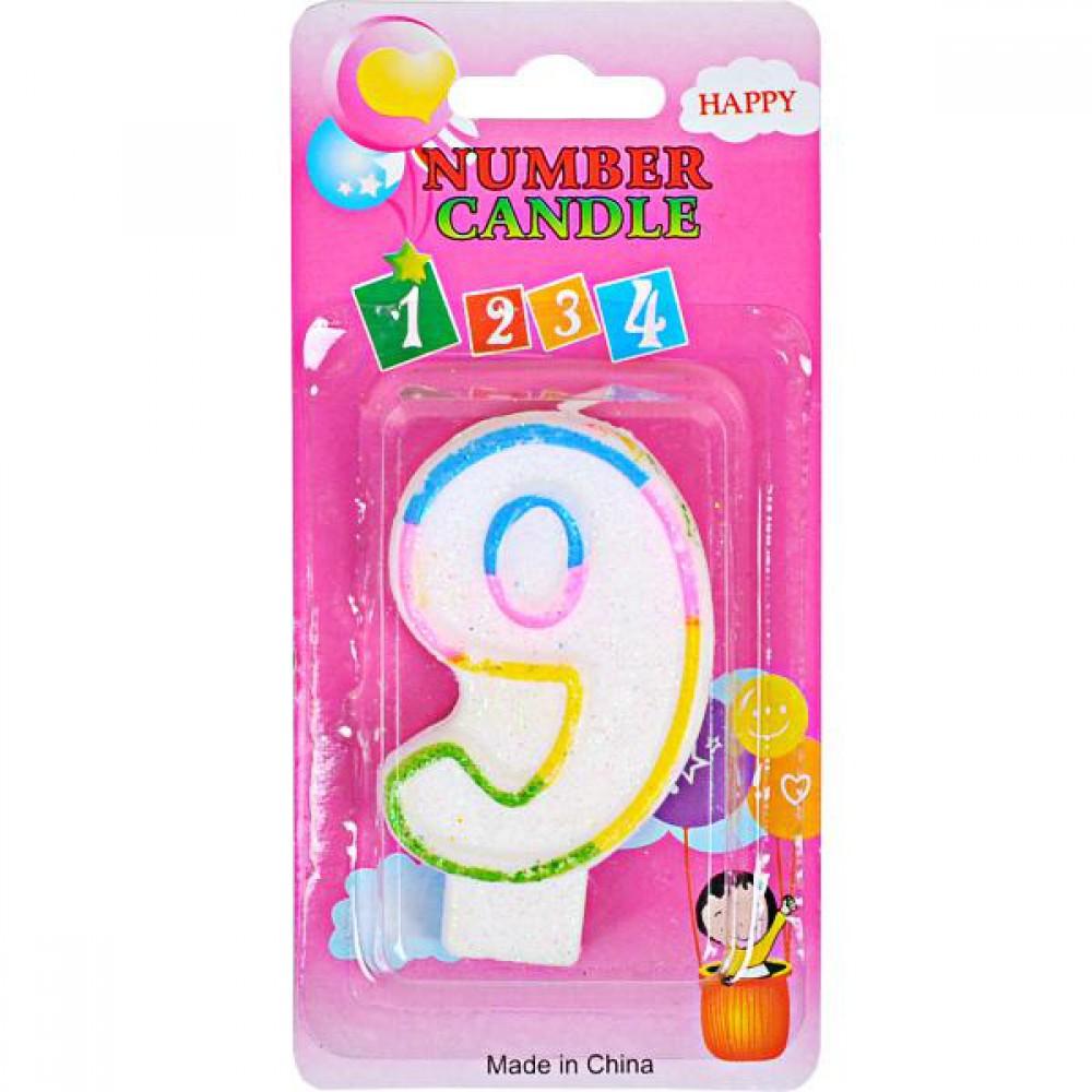 Свечка-цифра цветная 10-118 с блёсками "9"
