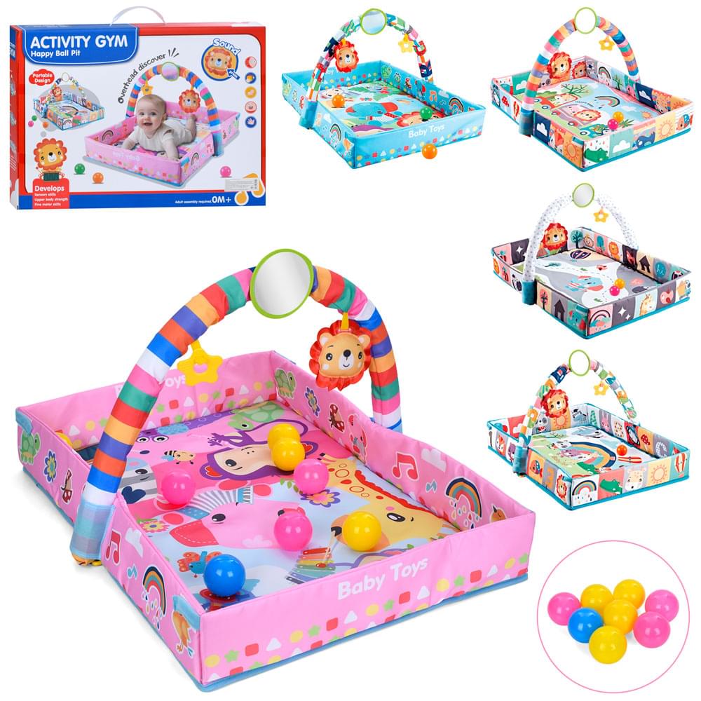 Килимок для немовляти 86-68см, 2в1(манеж, застібки липучки, 68-48см), дуга, підвіски 3шт (пискавка, дзеркало, прорізувач), кульки, 5 видів, в кор-ці, 58-41-7,5см /10/