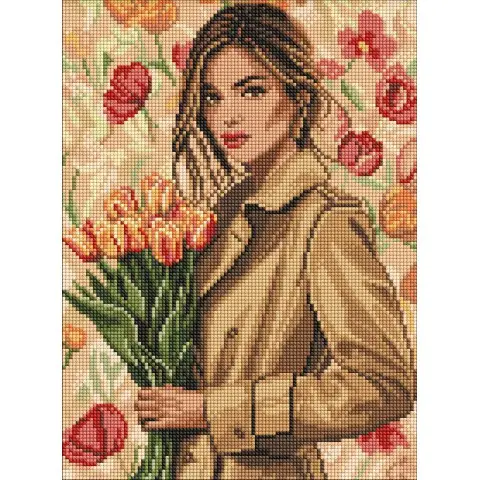 Набір з алмазною мозаїкою на підрамнику Дівчина у пальто з тюльпанами Ideyka AMO8221, 30x40 см