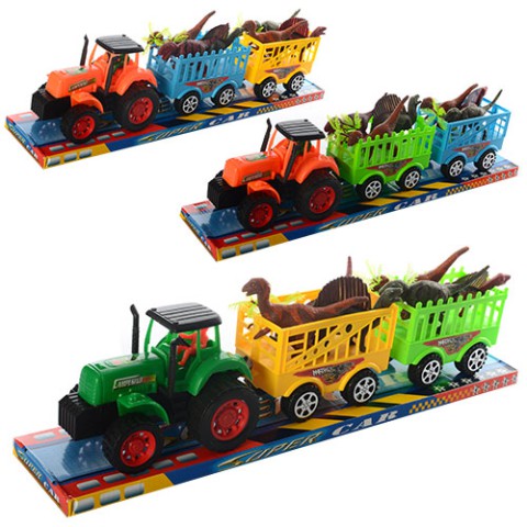 Трактор інерційний, 17 см, з причепом, динозаври 6 шт.
