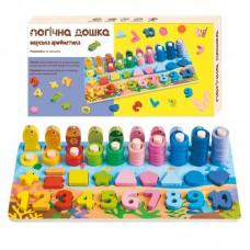 Дошка логічна "WToys", дерев'яна, сортер, магнітна риболовля, назви цифр англійською, дерев'яні кілочки, геометричні фігури, кольорові кільця, в кор. /40/