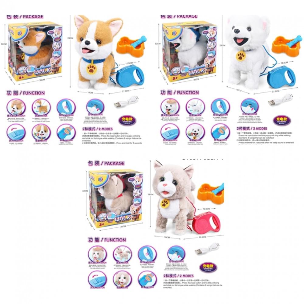 М'яка іграшка д/к(повідець), тварина, 28см, акум, сенсорна, ходить, звук, музика, повтор, висовує язик, рухливі голова та хвіст, USBзарядне, 3 види(собака-2види, кіт), в кор-ці, 30-32,5-17,5см /10/