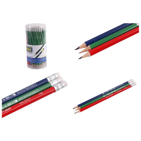 Олівець графітовий, HB, з гумкою, 100 шт., BM.8501 (В асортименті)