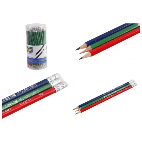 Олівець графітовий, HB, з гумкою, 100 шт., BM.8501 (В асортименті)