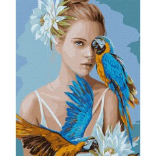 Картина за номерами  "дівчина з блакитними папугами" 40х50см кно4802