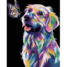 Картина за номерами  поп-арт собака з метеликом strateg на чорному фоні розміром 40х50 см (ah1047)