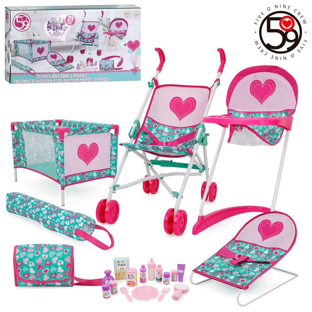 Набір гральний для ляльки, коляска прогулянкова, стільчик для годування д47-ш27,5-в54,5см, манеж, шезлонг д36-ш23,5-в17см, сумка, аксесуари, 21пр, метал+пластик, в кор-ці, 64-35,5-12,5см /4/