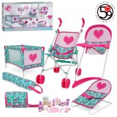Набір гральний для ляльки, коляска прогулянкова, стільчик для годування д47-ш27,5-в54,5см, манеж, шезлонг д36-ш23,5-в17см, сумка, аксесуари, 21пр, метал+пластик, в кор-ці, 64-35,5-12,5см /4/