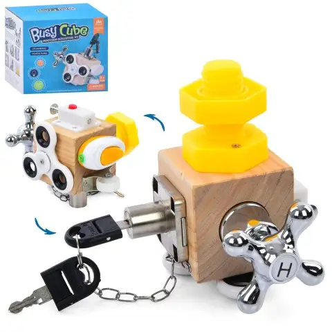 Бізікуб 6в1, 14x13x11 см, спінер, колесо, ключ, гвинт, вимикач, замок+ключ, замок, 15x13.5x11 см