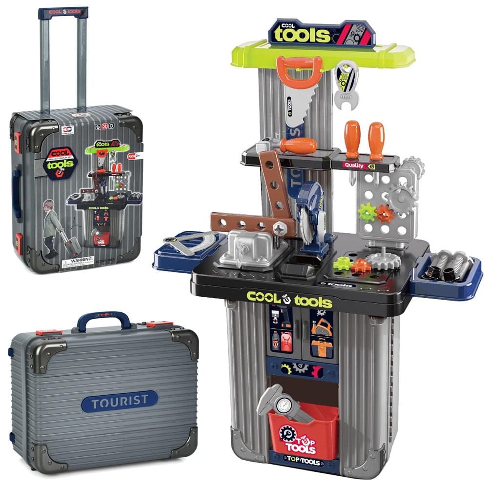 Стіл з інструментами 48-24-в66см, 2в1(чемодан,ручка,2колеса), набір інструментів, пила, викрутки, шестерні, в чемодані/карт.обгортка, 24-31-13см /9/