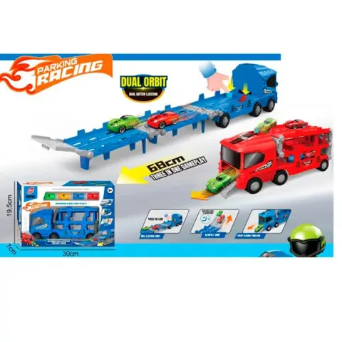 Трейлер, 21 см, 2в1, трек 58 см, запуск, рухливі деталі, машинки 4 шт., 30x19.5x7 см (В асортименті)
