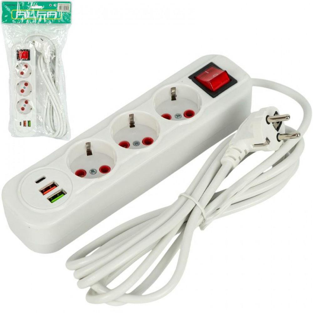 Електричний подовжувач з вимикачем на 3 розетки, 2 USB+1Type-C, кабель 3 метри 504