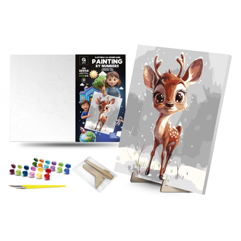 Набір для розпису по номерах Qbee "Здивоване Оленя" з дерев'яною підставкою 30х40 см QB900-082