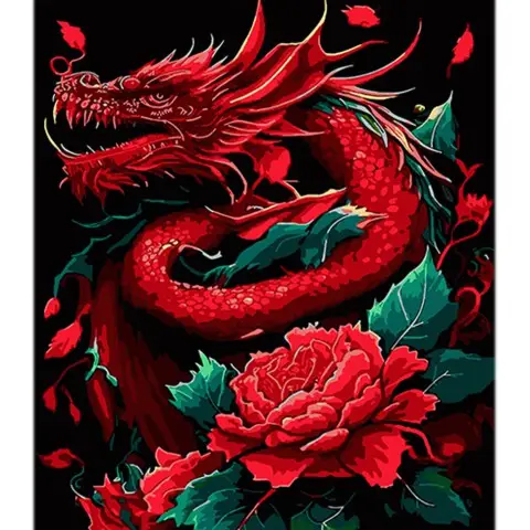 Набір для розпису по номерах Дракон у червоному пламені, на чорному фоні, 40x50 см, AH1114
