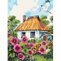 Картина за номерами Мальви біля хати Ideyka 30×40 см КНО6407