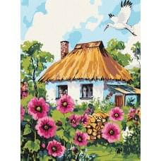 Набір для розпису по номерах "Мальви біля хати" Ideyka 30х40см КНО6407