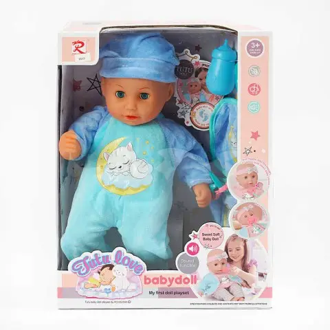 Пупс м’якотілий, 36 см, п’є з пляшечки, закриває очі, аксесуари, музичний чип