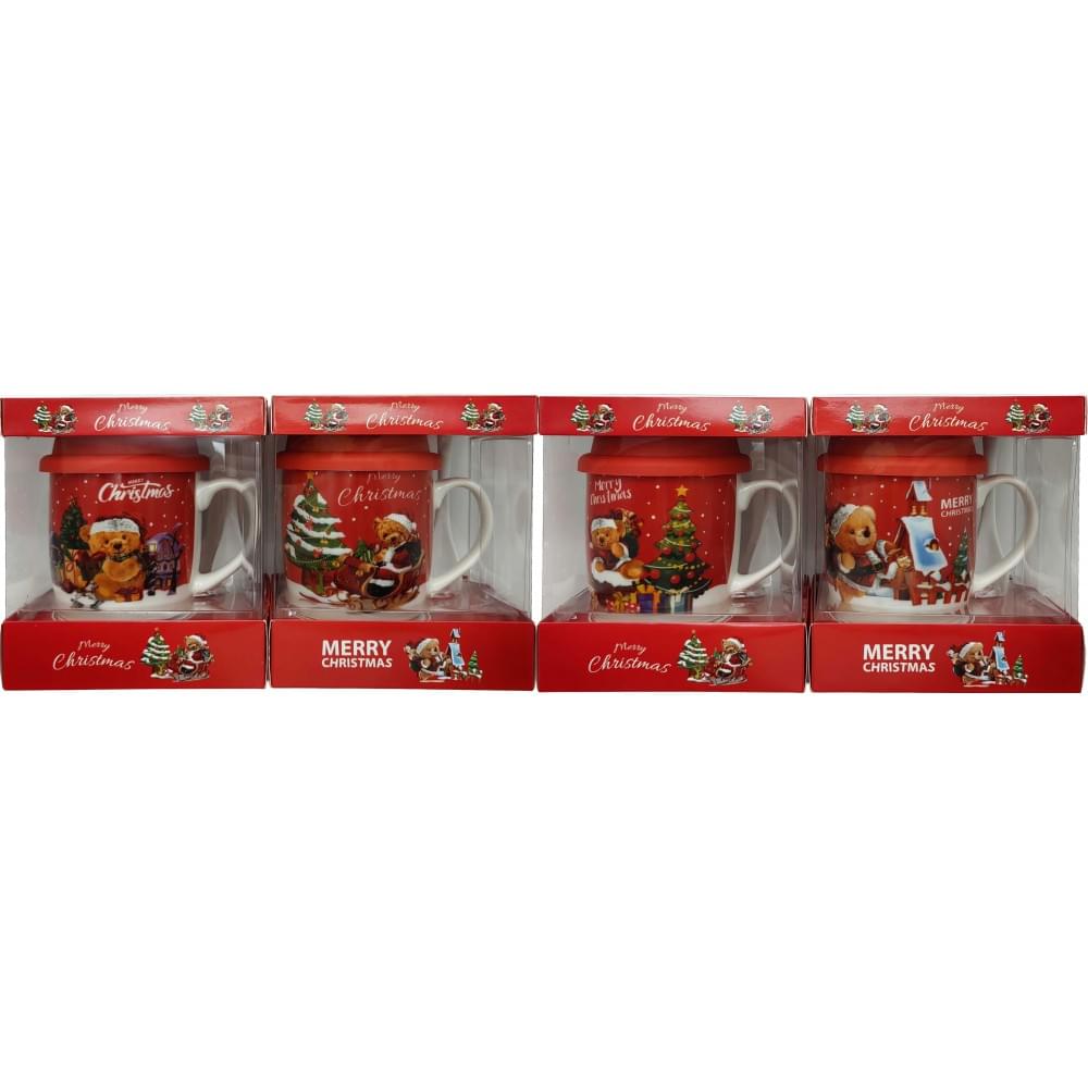 Чашка керам.350мл "Ведмедик біля ялинки" з силікон.кришкою,ложкою у подар.уп.,4в.(10*6)