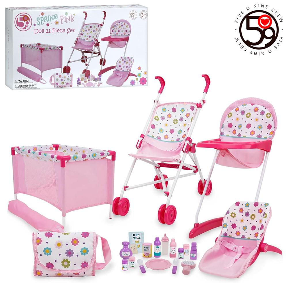 Набір гральний коляска(прогулянкова), стільчик для годування, манеж42-28-в26см, метал, люлька-переноска 36-21-в11см/28см, сумка, аксесуари, в корці, 64-35-12,5см /4/