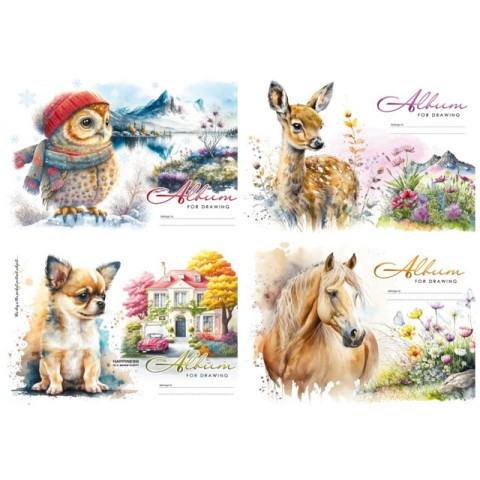 Альбом для малювання А4, 24 аркуші, 100 г/м², на скобі, дизайн 23045-23048