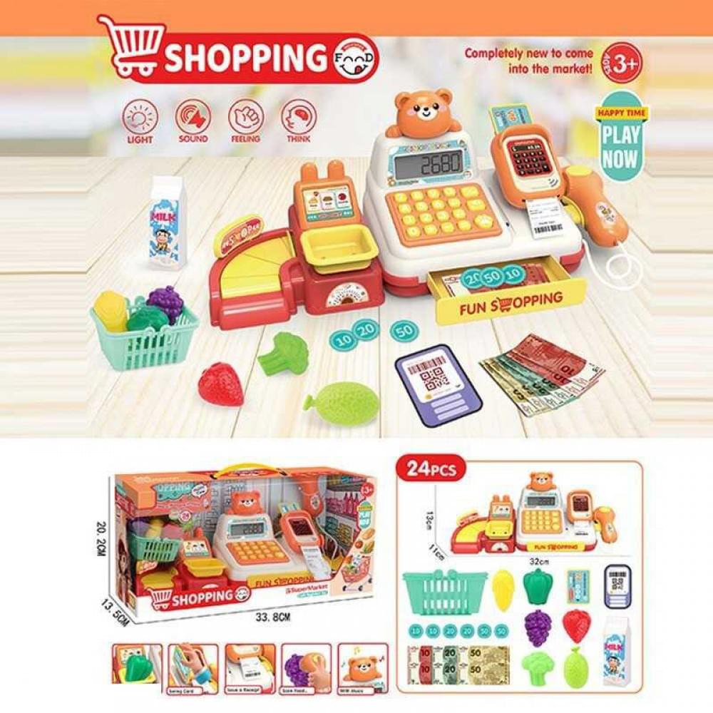 Касовий апарат 24 аксесуари, звук, підсвічування сканера, муляжі продуктів, міні-візочок, калькулятор, в кор. /30-2/