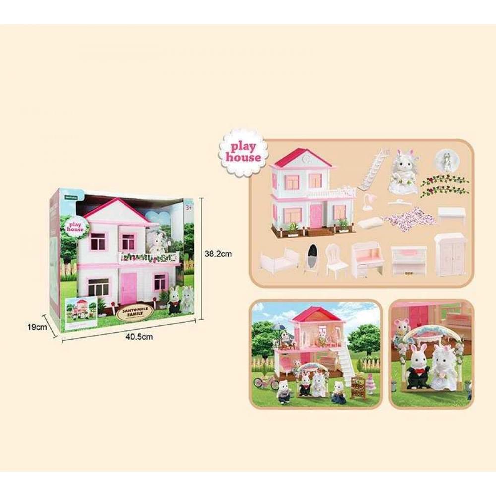 Будиночок, 2 поверхи, меблі, підсвічування, флоксова фігурка кролика, в кор. /6/