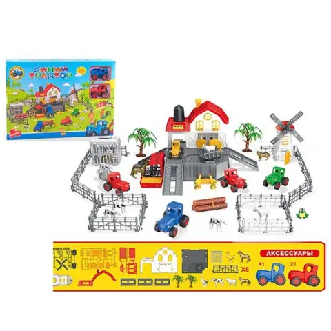 Гараж трактор, 2 шт. 7 см, інерційний, гумові колеса, ферма, млин, тварини 6 шт., 40x29.5x7 см
