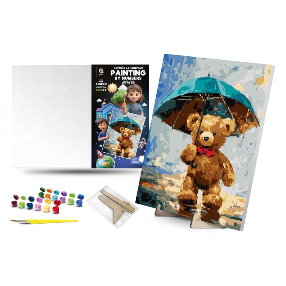 Набір для розпису по номерах Qbee "Ведмежа і Дощ" з дерев'яною підставкою 30х40 см QB900-083