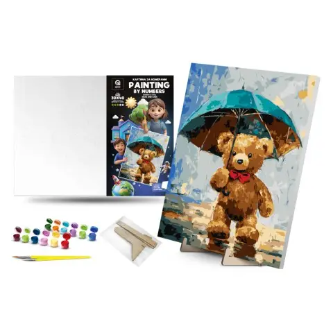 Картина за номерами Qbee Ведмежа і Дощ з дерев’яною підставкою 30×40 см QB900-083